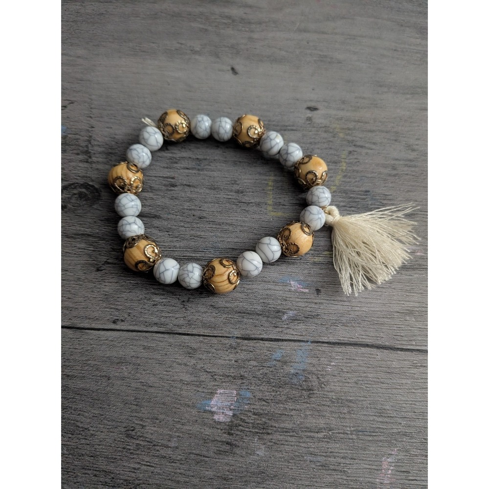 Boho White Faux Marble Howlite and Wood Bead Stretch Bracelet with Tassel Gold